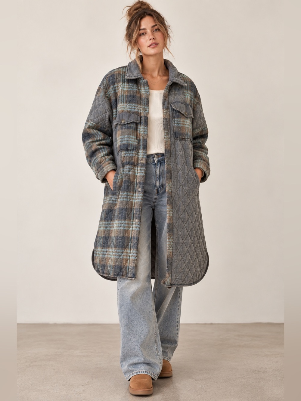 Oli & Hali S/M Quilted Plaid Patchwork Long Shacket Coat Boho FP Inspired Jacket